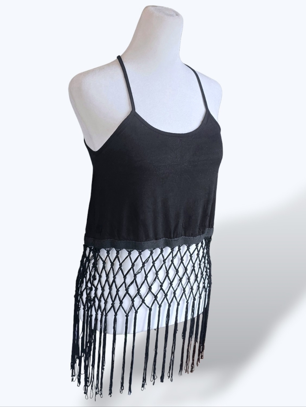 🟣 Rue21 Y2k Black Hanging Fringe Cropped Halter Strap Tank XSmall Mesh Fishnet - Picture 4 of 12
